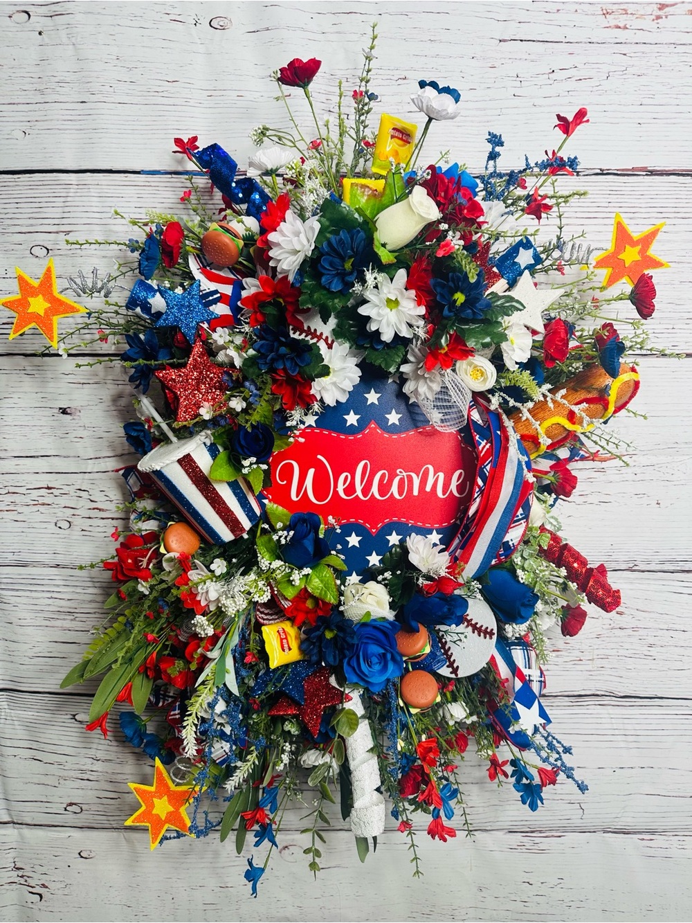 Handmade Welcome Patriotic Wreath - Red, White & Blue Home Holiday Decor
